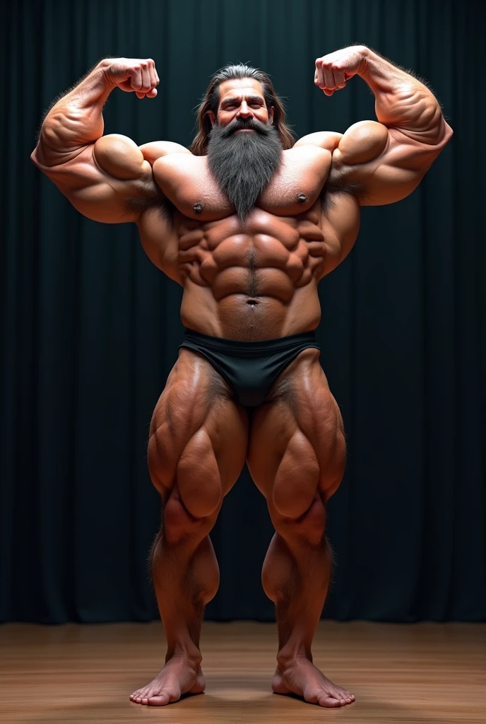 a hairy, bearded man posing on a stage with his arms up and a smile on his face, body builder physique, Physicist exagerado, Physicist muscular exagerado, Mr. Universe, big fit ass, long, stark, Physicist |, corpo fitness ifbb, body builder posing, body builder, body builder body, ernest khalimov body, posing and flexing, Physicist exageradamente big fit ass, body builder