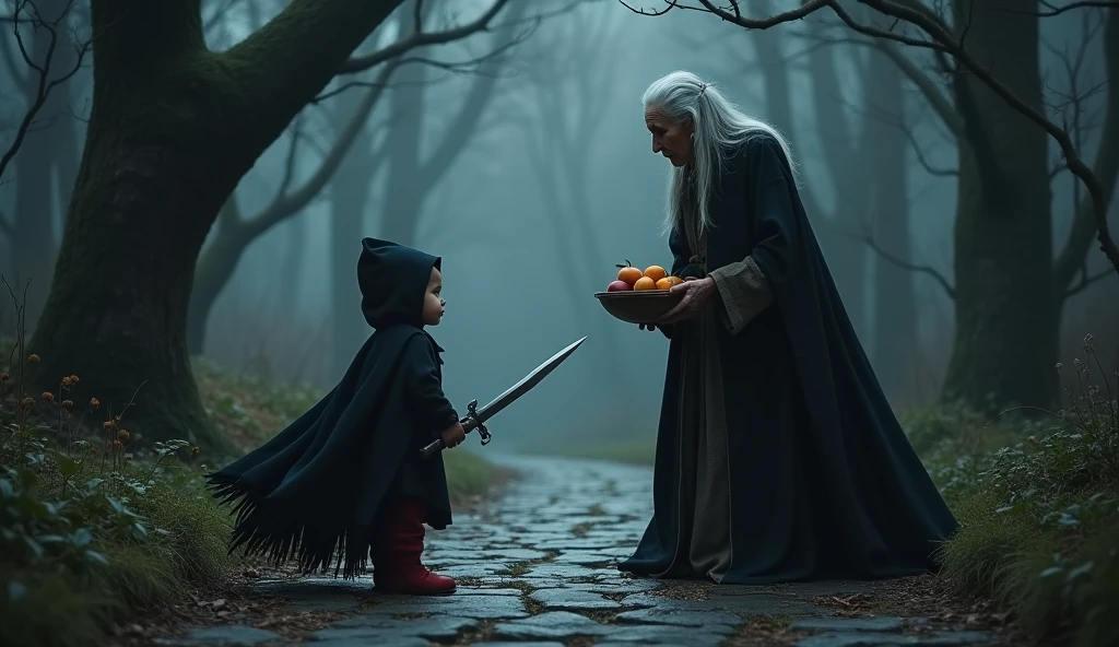 small with black cape and red shoes and a medieval sword in her hand, in a black forest with a stone road, meeting a scary old woman with a fruit bowl in her hand.