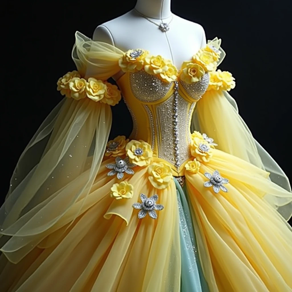 Glamorous short dress with a light blue tulle skirt with glitter and a yellow corset with lots of 3D flowers and rhinestones 