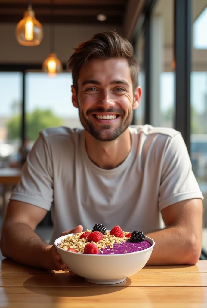 realistic young man, At the acai shop ,brown hair eating acai , ultra HD, high qualiy, best qualityer, high resolution 18k