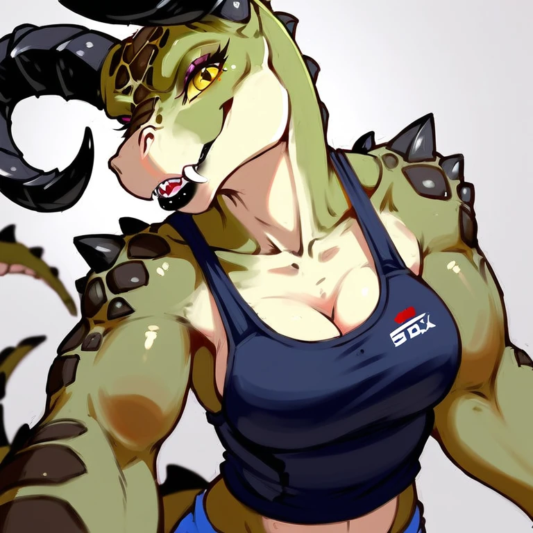 a highly detailed and incredibly realistic anthro deathclaw girl, 1girl, realistic scales, green scaled skin, yellow eyes, black lips, black ram horns, long tail, bulletproof vest, holding rusty gun, ruined city background, looking directly at viewer, photorealistic, 4k, best quality, masterpiece, ultra-detailed, physically-based rendering, vivid colors, HDR