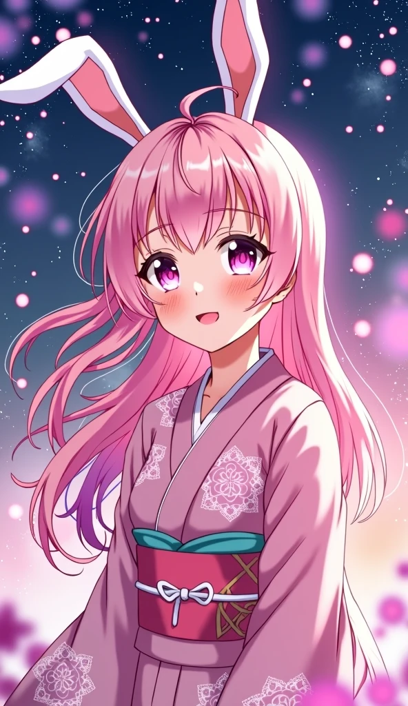 High resolution, Pink eyes, Bunny ears, One person,Pink Hair, smiling, Anime Style, Beautiful night sky, Pink Yukata