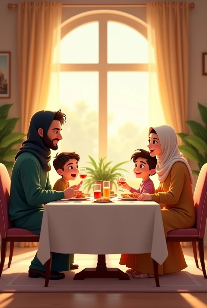 Draw in Pixar style, a smiling family that looks happy, the family is sitting in the dining room around the dinner table, the family consists of only four members, the father is 35 years old, and the mother is 2 in modest Islamic dress, her head is covered and her dress is beautiful and long, the family also consists of the son who is , and the girl who is , the details are wonderful and the image quality is high, the lighting is high coming from the windows, and the colors are rich, the living room is organized and elegant and has some plant pots