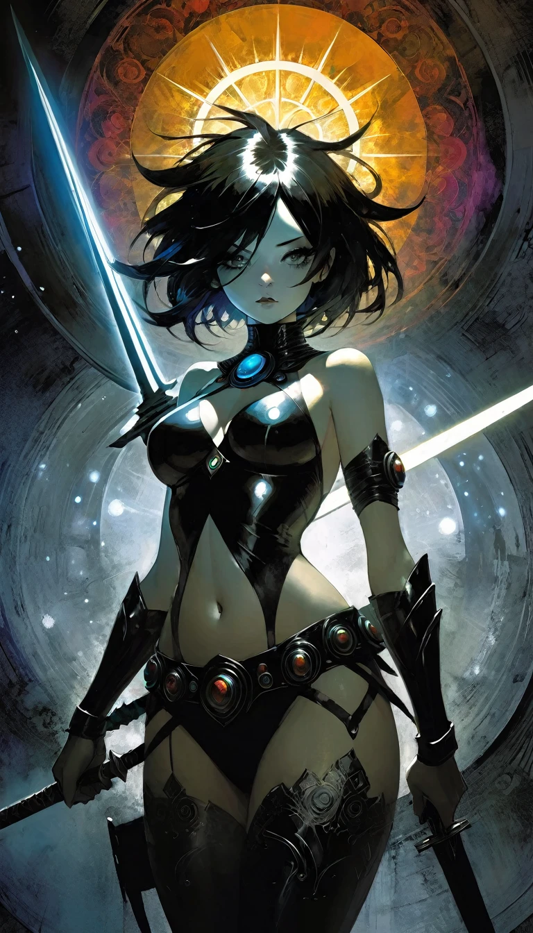 1girl, alone, MANdALA fractal black body paint, sexy, multicolored hair galactic soldier holding a galactic mandala gray sword with both hands, mandala helmet and ready to attack aggressively, ZZZ, ZENLESSZONEZERO, eroticism, sexy, black and white image, between shadows, oil painting, chiaroscuro, sensual, dramatic lighting, moody atmosphere, photorealistic, intricate details, masterpiece, ultra-detailed, high quality, 8k, best quality, realistic, cinematic, dark and brooding, expressionistic, powerful composition, emotional impact, art inspired by Bill Sienkiewicz and Dave McKean