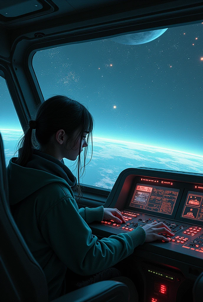 A girl,Cyberpunk,Driving a small spaceship across the sea of stars,360° panoramic view of the spacecraft interior,Scars and gestures,Countless stars are moving at high speed,