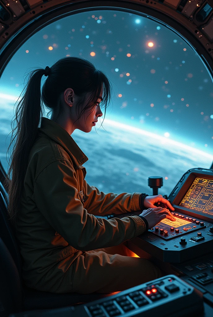 A girl,Cyberpunk,Driving a small spaceship across the sea of stars,360° panoramic view of the spacecraft interior,Scars and gestures,Countless stars are moving at high speed,