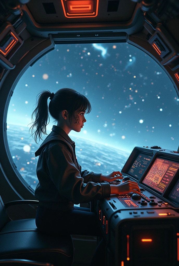 A girl,Cyberpunk,Driving a small spaceship across the sea of stars,360° panoramic view of the spacecraft interior,Scars and gestures,Countless stars are moving at high speed,