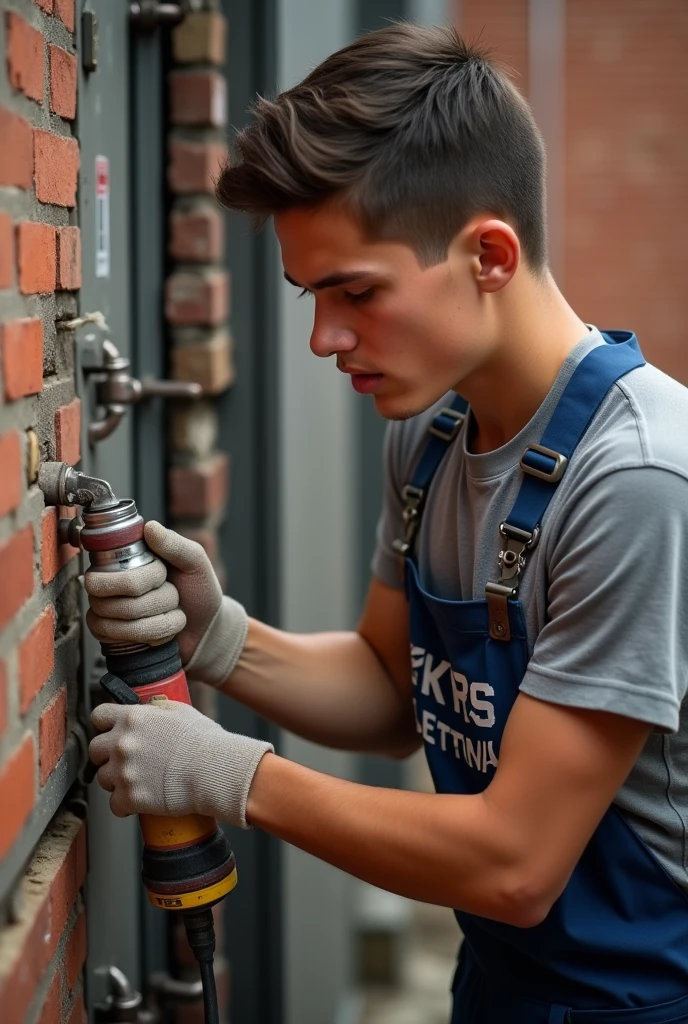 A young man working on construction site work fot Electrical pipes on brick wall with power tool like drill or breaker with Symbol written on his shirt is “KRS electrical”