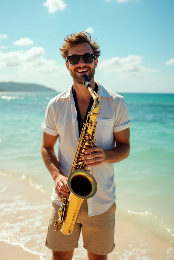 A guy in shorts without a beard and with dark glasses on his forehead plays the saxophone on the seashore. He looks at the camera