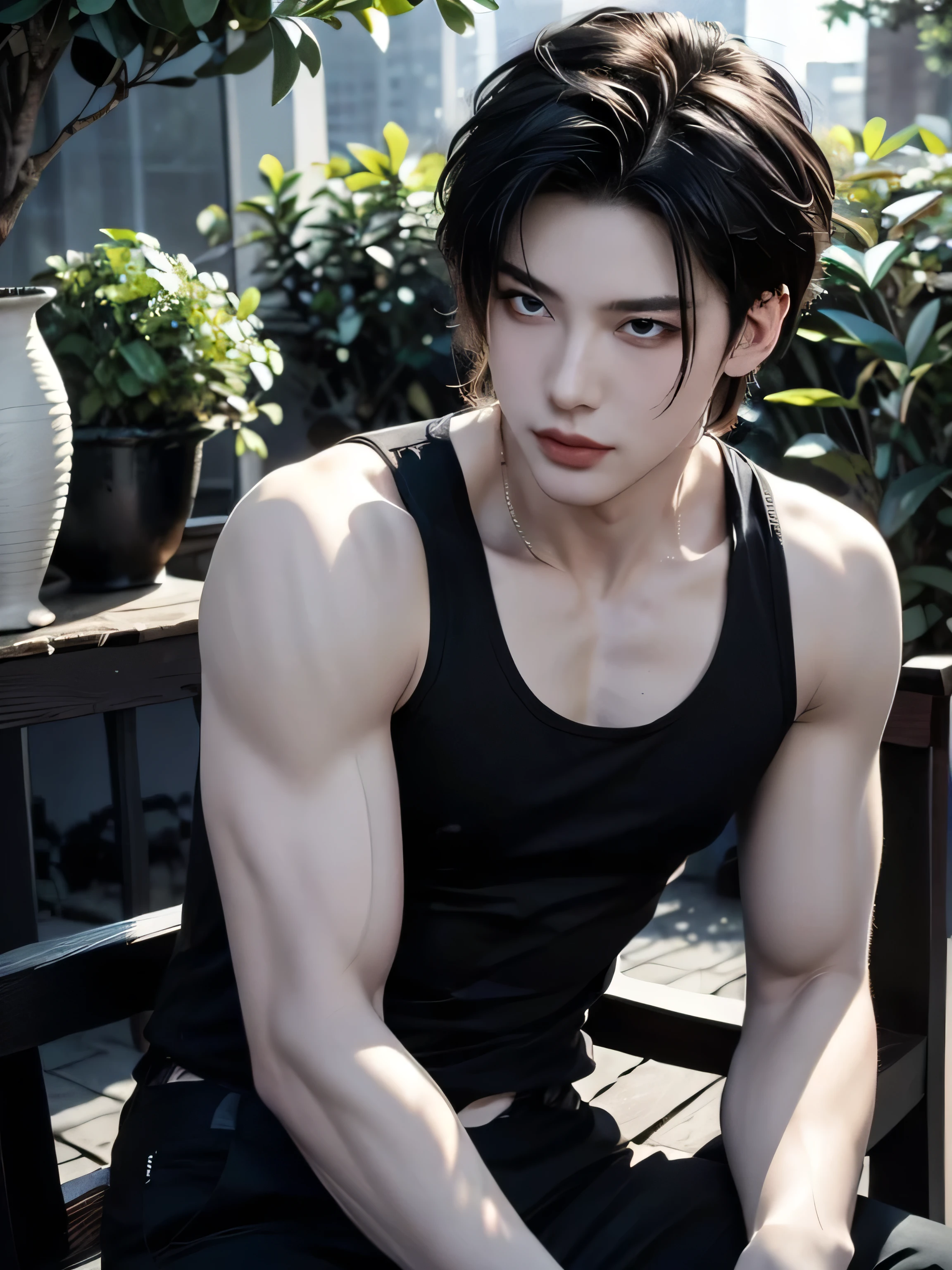 "Cinematic composition of a handsome and charming young man in his 20s with a Sleek and Straight Long Hairstyle men, glowing skin, and a perfectly sculpted body. He wears a men's black tank top, black pants. The man poses confidently and relaxed like a sigma male in a somewhere park setting, with beauty flowers in background. The lighting emphasizes his toned physique and radiant skin, creating a powerful yet relaxed atmosphere, trending on ArtStation."