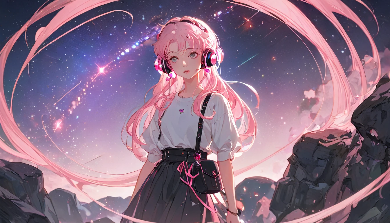 anime girl with pink hair wearing pink headphones, looking at the starry sky, anime styling 4 k, non-style artwork by guweiz, 8K anime art wallpaper, 4k anime art wallpaper, 4K anime art wallpaper, lofi portoRait, lofi girl, anime styling. 8k, melhor anime wallpaper 4k konachan, anime wallpaper 4k