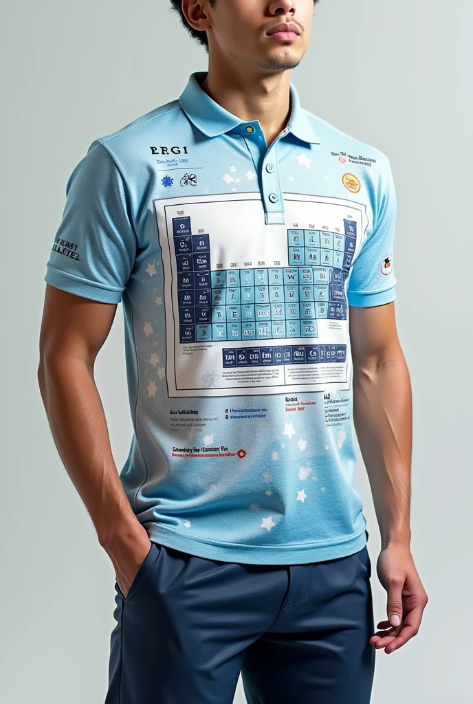 Hello, I would like you to make me a polo shirt inspired by the periodic table as it will be used by young chemistry teachers for a sports meeting without a collar please.