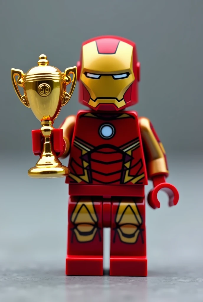 Create a Lego Ironman miniature holding a PlayStation Platinum Trophy