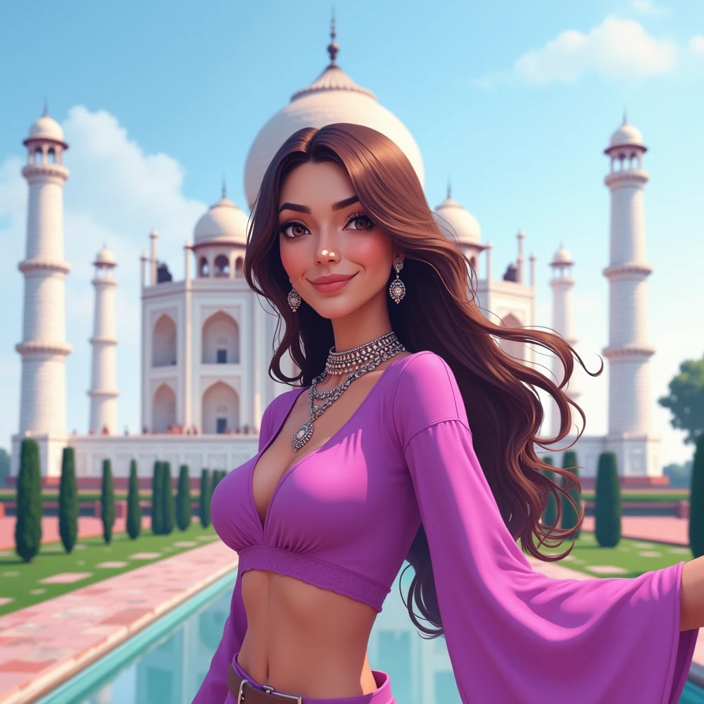 A stunning and captivating high-quality digital illustration captures Eva, a German influencer, standing gracefully in front of the magnificent Taj Mahal. The iconic white marble mausoleum serves as an awe-inspiring backdrop, reflecting the rich beauty of India. Eva, with her captivating eyes and eye-catching pink-purple crop top, draws attention, while her trendy, flowing long hair adds to her fashionable Indian ensemble. The overall atmosphere of the image is vibrant, realistic, and immersive, transporting viewers into the heart of this magnificent location, where fashion and history come together perfectly., photo, 3d render, fashion, anime, illustration.