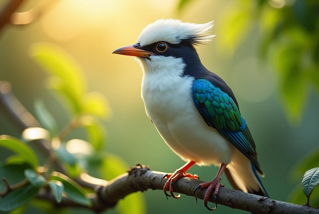 A mesmerizing close-up portrait of a gorgeous colorful Bali myna, flapping wings, on a leafy tree branch, illuminated by the soft, golden light of a tranquil morning, detailed background with vibrant bokeh balls gently framing its delicate form.