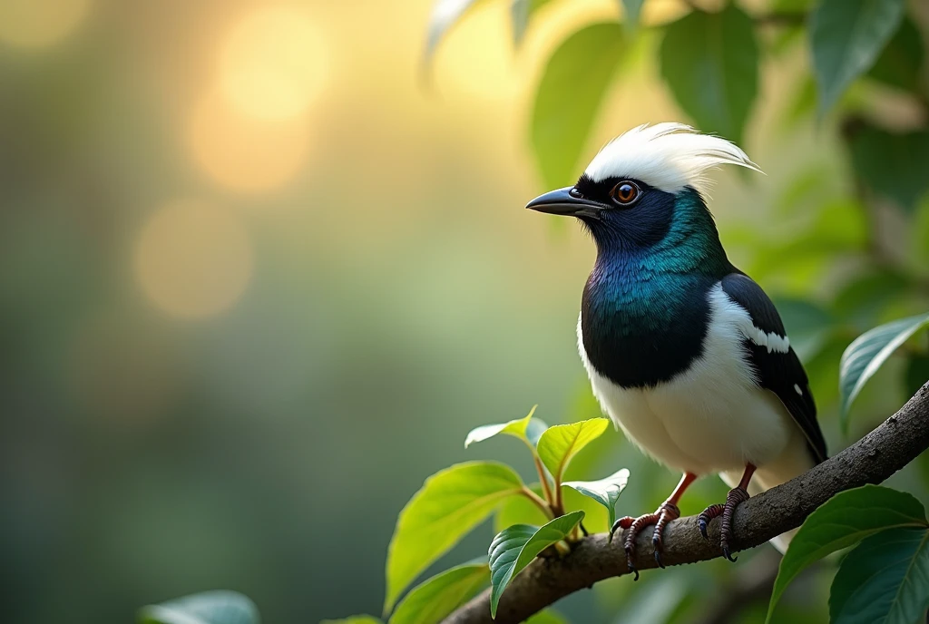 A mesmerizing close-up portrait of a gorgeous colorful Bali myna, flapping wings, on a leafy tree branch, illuminated by the soft, golden light of a tranquil morning, detailed background with vibrant bokeh balls gently framing its delicate form.