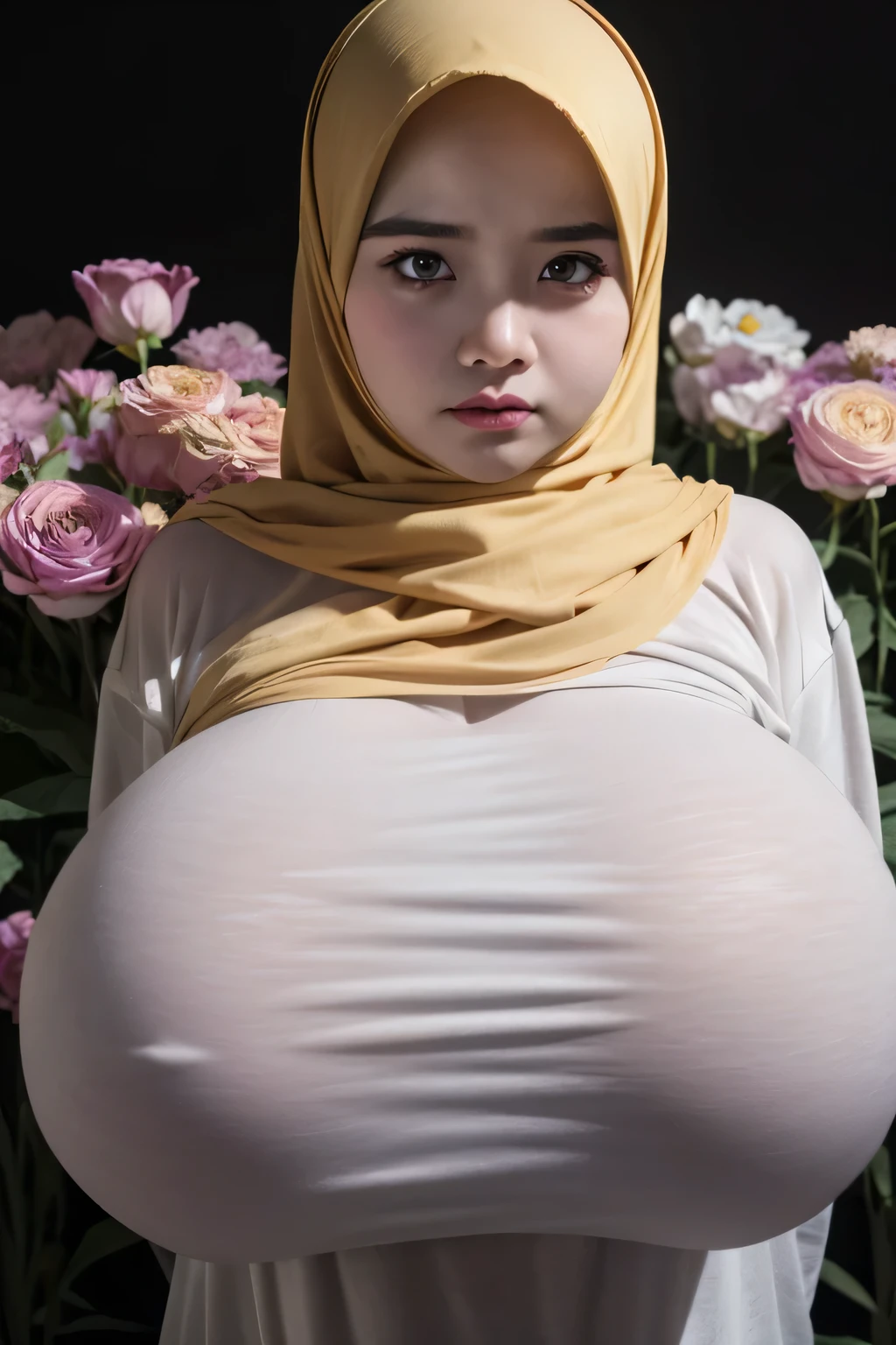 Jumbo (Oversized Clothes), Chubby adorable, 1 girl, (face to face), , baby face, angry face expression, half body portrait, (face details: 1), (eye details: 1), ((big breasts)). wearing transparent transparency soft long shirt, hijab, .. Cute posed. proportional body. Ultra High Res. realistic: 1.4, UHD, ((flowers pattern)), ((Bigger:2.3)), (((DARK BACKGROUND)))
