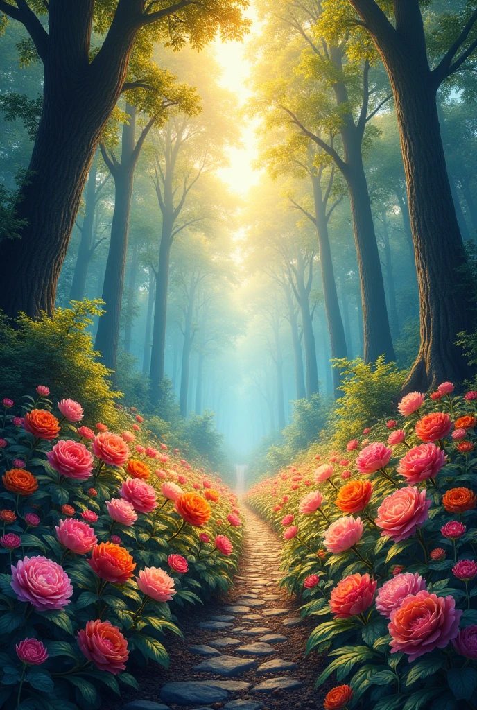 masterpice, (best quality), ((best detailed)), depth of field, nature, spirit, blossom flowers, colorful landscape, ilustration Very details, palet of colors warm, tall trees, dinamic, alive