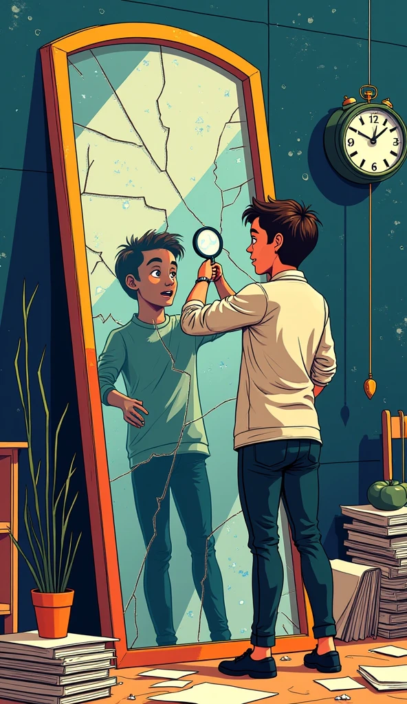 Create an illustration that depicts the cycle of perfectionism and procrastination. Show a person (representing the perfectionist) standing in front of a mirror, with a magnifying glass examining their own reflection. The mirror should be cracked, symbolizing the self-doubt and anxiety that comes with perfectionism. In the background, a clock is ticking away, representing the passing of time and the procrastination that ensues. The person should be surrounded by scattered papers, books, and other materials, indicating the lack of progress and frustration that comes with procrastination. The overall mood of the illustration should be one of anxiety, self-doubt, and stagnation. Use bold lines, bright colors, and a mix of digital and hand-drawn elements to create a visually striking image that effectively conveys the cycle of perfectionism and procrastination