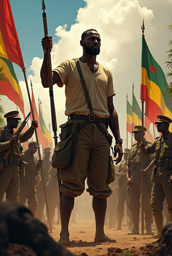 arafed man with a gun and a flag holding a rifle, ethiopian civil war, inspired by Afewerk Tekle, by Afewerk Tekle, rastafarian, freedom fighter, ethiopian, inspired by Ras Akyem, edited, kemetic, african aaron paul, 💣 💥💣 💥, ye mighty, demobaza, (fire), rojava