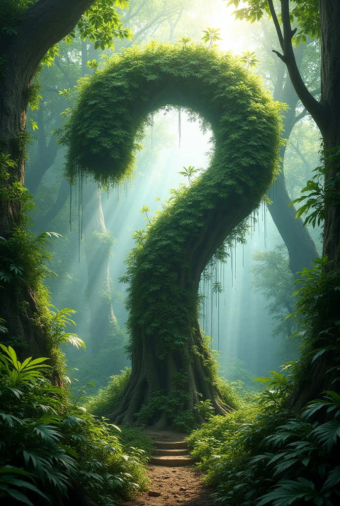 A large tree in the shape of a question mark in a rainforest