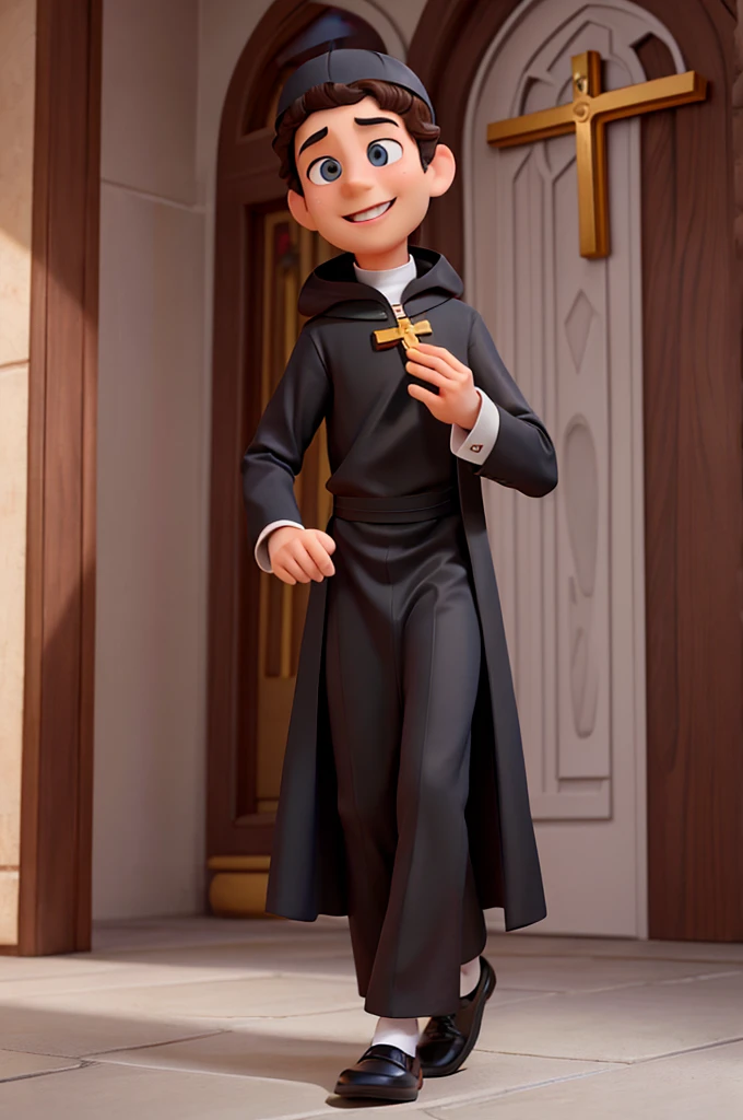 Disney Pixar style image of smiling priest wearing black cassock with white collar, wearing a small black cap on his head, wearing a golden crucifix on his chest, with short brown wavy hair, eyes browns, and with hands folded in prayer