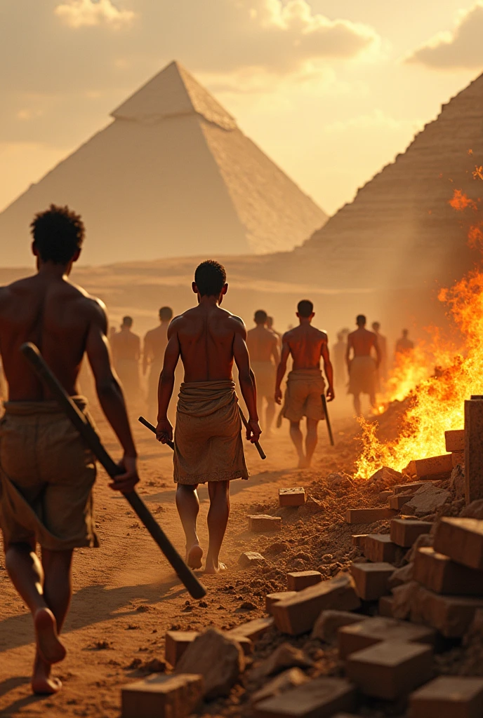Make a picture of the Egyptian slaves melting the soil using large fires and turning it into very large bricks for the Egyptian pyramids.