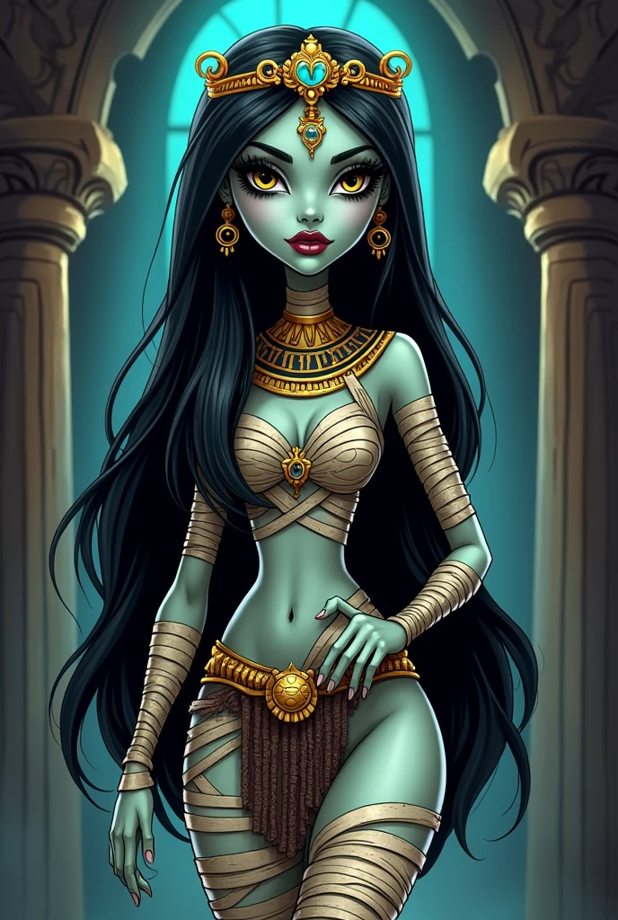 Create a redesign for Cleo De Nile [Monster High] using the gothic style with mummy bandages and Egyptian accessories [Cartoon Style]