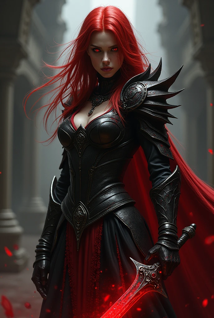 Woman with red hair, red eyes , scary black-red armor , blood magic, sword with red haze, red haze up her arm, facing me, Dark scene, realistic,
