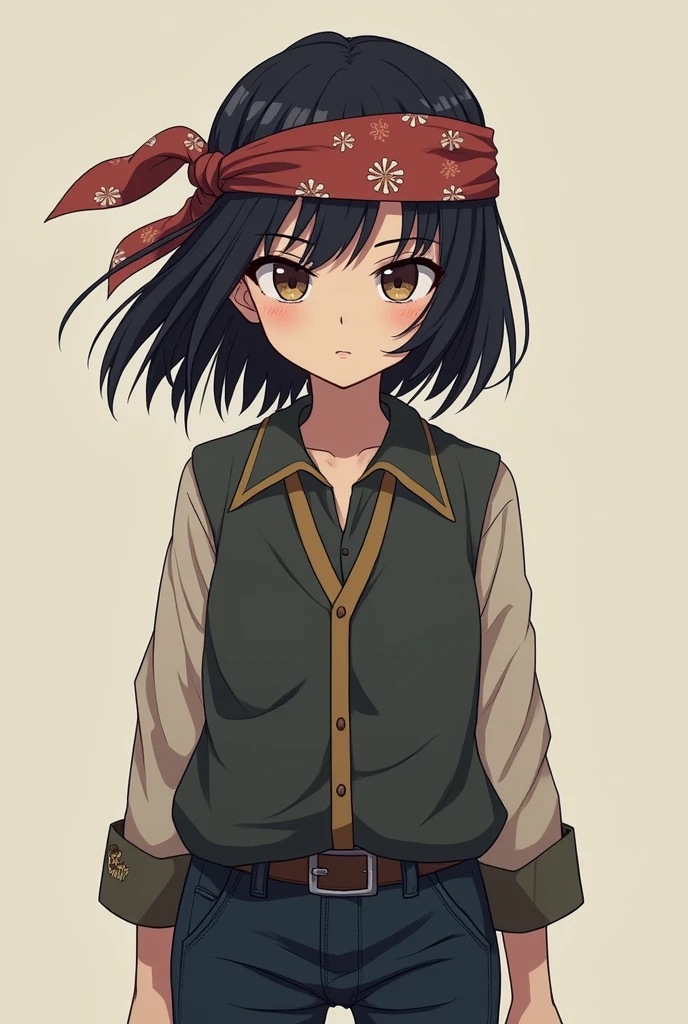 1 girl standing together black hair,, anime style, , 8k, super detail, high details, accurate, masterpiece, UHD, best quality, award winning, 4K looking at viewer emotionless expressionless mindless cowboy shot side view bandana on forehead looking at viewer