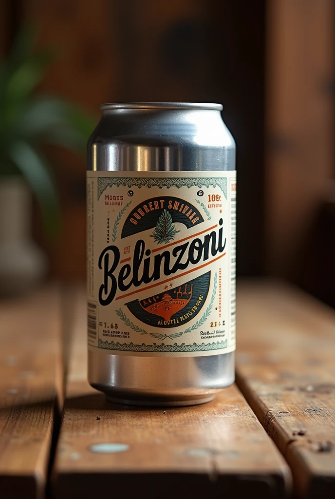 A can of "Belinzoni beer" on top of a table