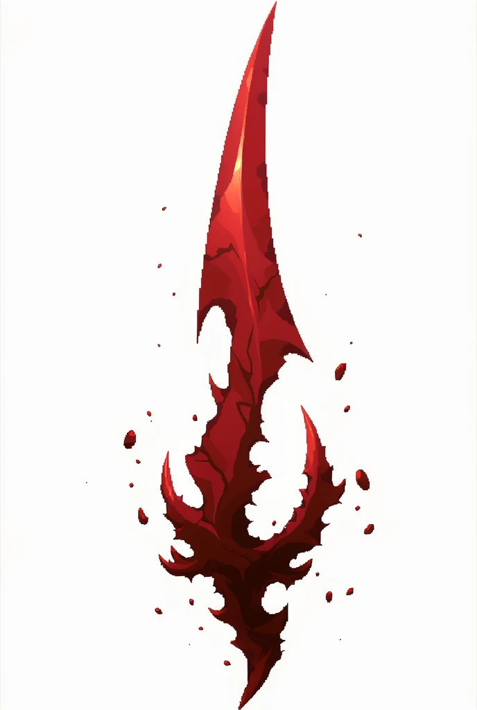A sword projectile in the style of a pixel drawing, made from a solid blood crystal in which vessels of black void are present.