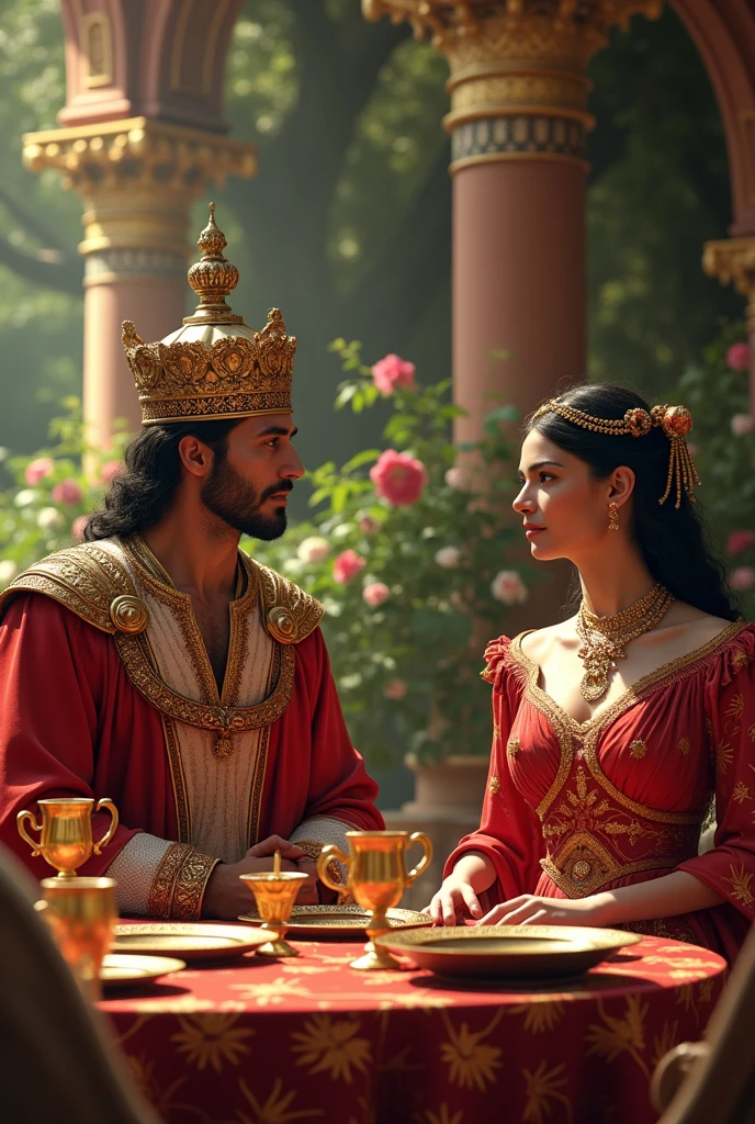 A king and a queen is an officer of the king of Persia sitting at the table with golden cups in his hands and add golden plates to the table the king with the typical crown of the king of Persia officer with white turban and the queen with elegant red dress add jewelry in the background make a garden