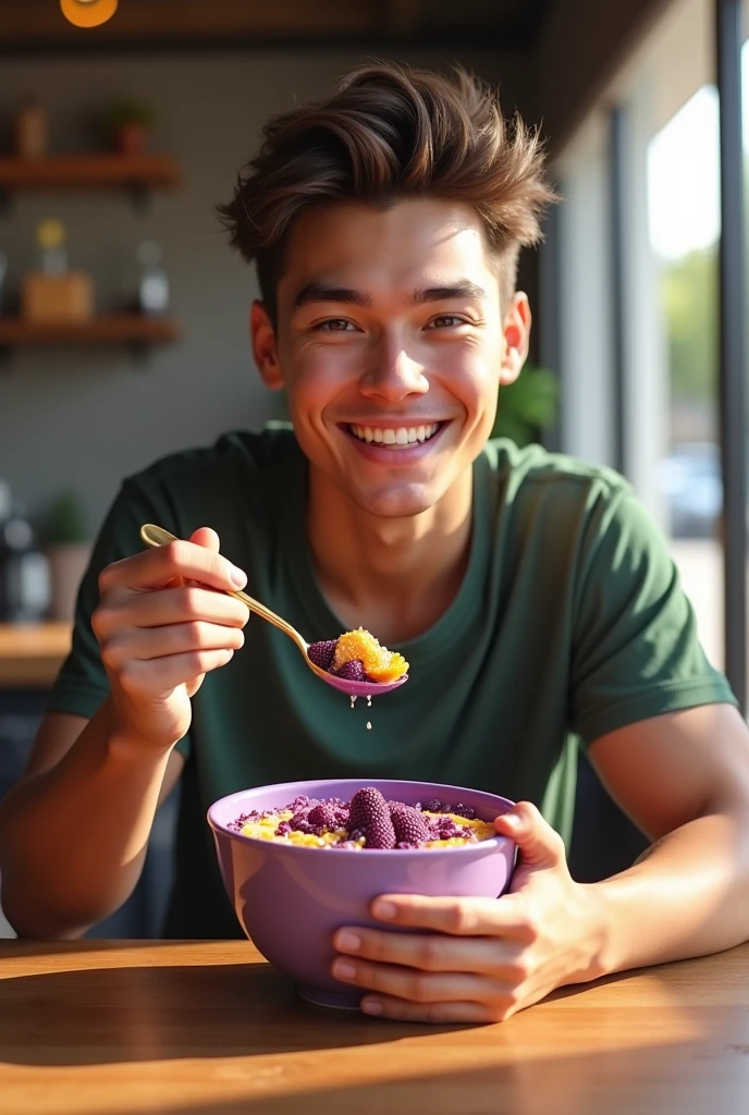 realistic young man, At the acai shop ,eating acai , ultra HD, high qualiy, best qualityer, high resolution 18k