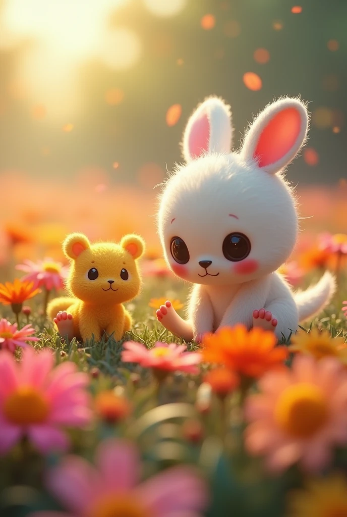 It features a small character trying to communicate something., Rounded cropped image, (Super detailed, The absolute solution, Highest quality:1.3), 2.5D, Subtle and dynamic effects, artistic, Hyper, Graphic CG Colorful flower field, Soft Effects,