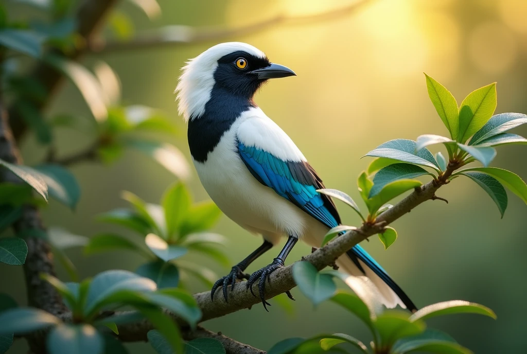 A mesmerizing close-up portrait of a gorgeous colorful Bali myna, flapping wings, on a leafy tree branch, illuminated by the soft, golden light of a tranquil morning, detailed background with vibrant bokeh balls gently framing its delicate form.
