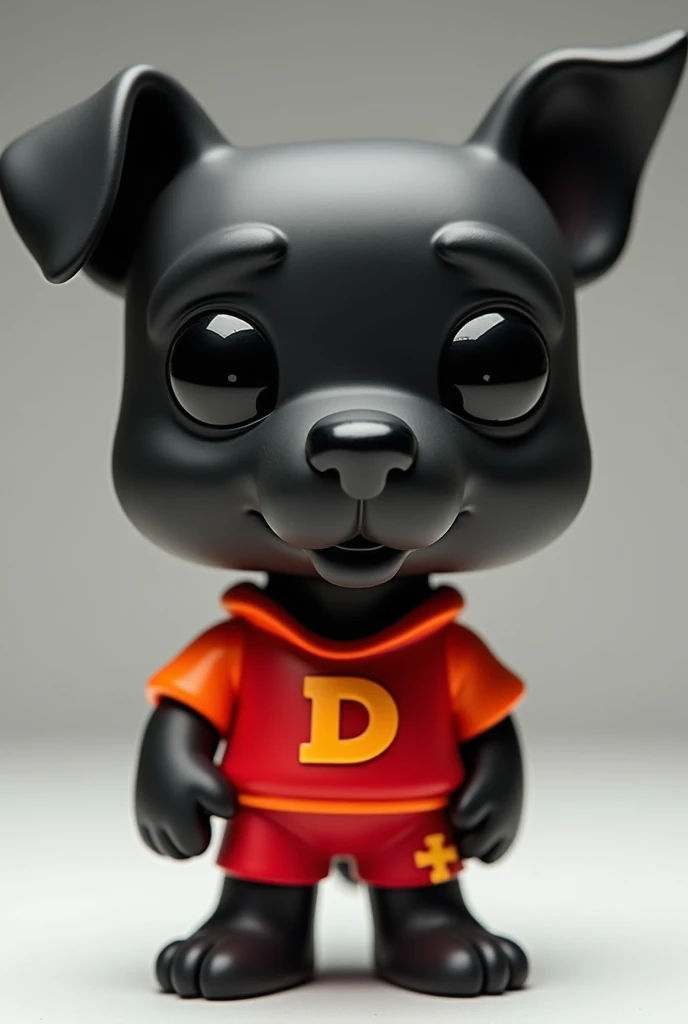 Create a funko pop doll of a black dog, Pelé, orange, red clothes with a D in the middle, red shorts and rest