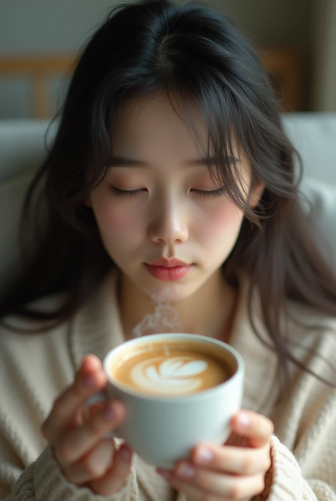 A beautiful Japanese woman in her early twenties,Wearing pajamas,Long hair,Sleepy、Holding a cup of coffee,Drinking latte、Selfie
