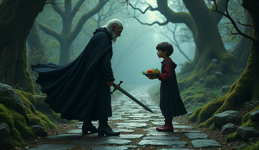 five foot tall teenager with black cape and red shoes and a medieval sword in his hand, in a black forest with a stone road, meeting a scary old woman with a fruit bowl in her hand.