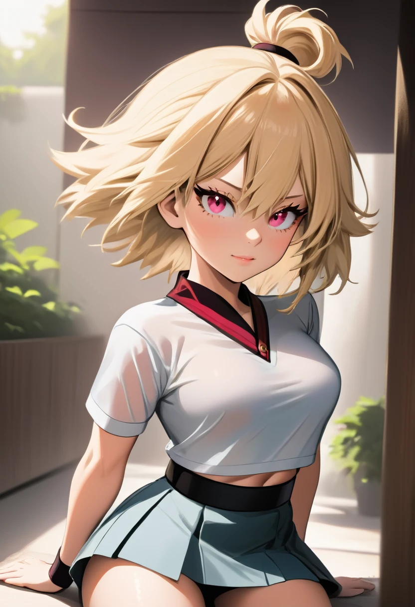 (Mitsuki bakugou),(from BNHA),(Mitsuki is a woman with a beautiful structural body, what stands out in her appearance are her large breasts. Mitsuki is middle-aged and has blonde hair and red eyes.),(Wearing),+,(**Female traditional Japanese school uniform, black and white, short and fitted, revealing the student's delicate and erotic figure** *Short, transparent blouse, with high collars and short sleeves, exposing small, firm, white breasts, surrounded by deep, seductive necklines* *Tight and short skirt, hugging the girl's narrow hips, highlighting her round and firm ass; the skirt is cut to show the slit between the legs, creating a lascivious effect* *Thin, slender waist, with a tight black belt around it, highlighting the soft curve of the hips and delicate knees* *Short, tight pants, revealing long, thin thighs, ending in white socks that go up to the knee, exposing part of the ankles and slender toes* *Low black sneakers, with a short heel, highlighting the girl's tiny height; short, straight brown hair, tied in a traditional bun, exposing the delicate nape of the neck* *Large, seductive brown eyes, with short, thick eyelashes; small, pink mouth, with thin, sensual lips curved in a provocative little smile* *The student's entire figure is a perfect combination of innocence and eroticism, with every detail of the uniform revealing more of her smooth and desirable body to be explored and possessed.*)