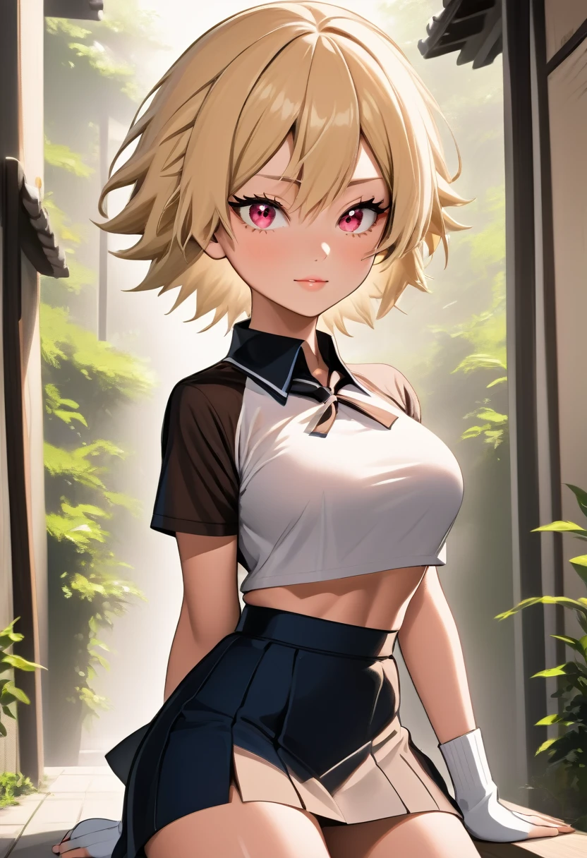 (Mitsuki bakugou),(from BNHA),(Mitsuki is a woman with a beautiful structural body, what stands out in her appearance are her large breasts. Mitsuki is middle-aged and has blonde hair and red eyes.),(Wearing),+,(**Female traditional Japanese school uniform, black and white, short and fitted, revealing the student's delicate and erotic figure** *Short, transparent blouse, with high collars and short sleeves, exposing small, firm, white breasts, surrounded by deep, seductive necklines* *Tight and short skirt, hugging the girl's narrow hips, highlighting her round and firm ass; the skirt is cut to show the slit between the legs, creating a lascivious effect* *Thin, slender waist, with a tight black belt around it, highlighting the soft curve of the hips and delicate knees* *Short, tight pants, revealing long, thin thighs, ending in white socks that go up to the knee, exposing part of the ankles and slender toes* *Low black sneakers, with a short heel, highlighting the girl's tiny height; short, straight brown hair, tied in a traditional bun, exposing the delicate nape of the neck* *Large, seductive brown eyes, with short, thick eyelashes; small, pink mouth, with thin, sensual lips curved in a provocative little smile* *The student's entire figure is a perfect combination of innocence and eroticism, with every detail of the uniform revealing more of her smooth and desirable body to be explored and possessed.*)