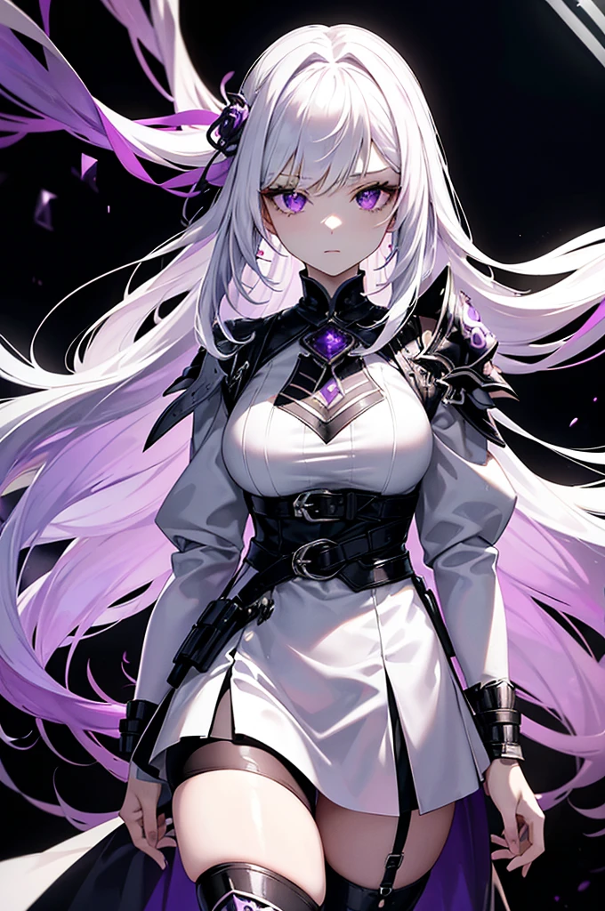 The character depicted is an elegant young woman with long silver, almost white hair that transitions into purple and pink at the tips. Her eyes are a deep violet, contrasting with her pale complexion. She wears a light and stylized armor that is primarily white, adorned with black and purple motifs, enhancing her mystical appearance. The accessories on her armor are delicate, with black floral details, particularly around her neck and arms. An asymmetrical white skirt, secured by a purple belt, falls to her thighs. Her white boots with black patterns complete her look, while her long black and purple gloves emphasize the slenderness of her arms. Overall, she exudes an aura of both strength and grace.