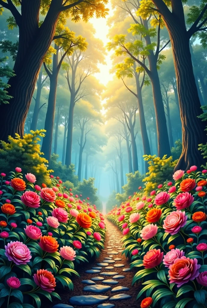 masterpice, (best quality), ((best detailed)), depth of field, nature, spirit, blossom flowers, colorful landscape, ilustration Very details, palet of colors warm, tall trees, dinamic, alive