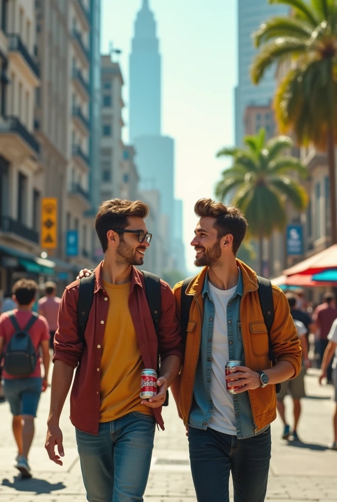 Two male friends walking on Paulista Avenue holding a can of Budweiser beer, the man on the right is white with light brown hair in a short pompadour, the one on the left is brunette with dark brown hair, wearing glasses 