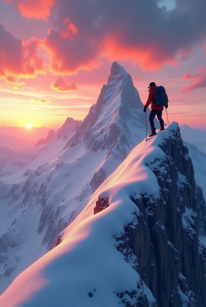 person climbing snowy mountain in profile with sunset in background