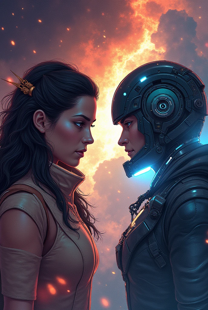 Images for a graphic novel about space with two arch-enemy characters named Kai and Sara
