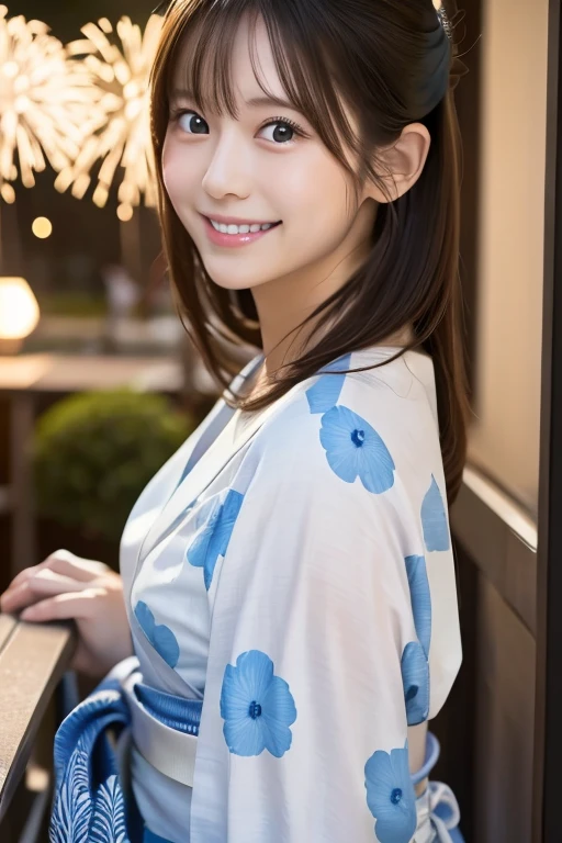 Watch the fireworks,smile,,cute,Stylish,White and light blue yukata