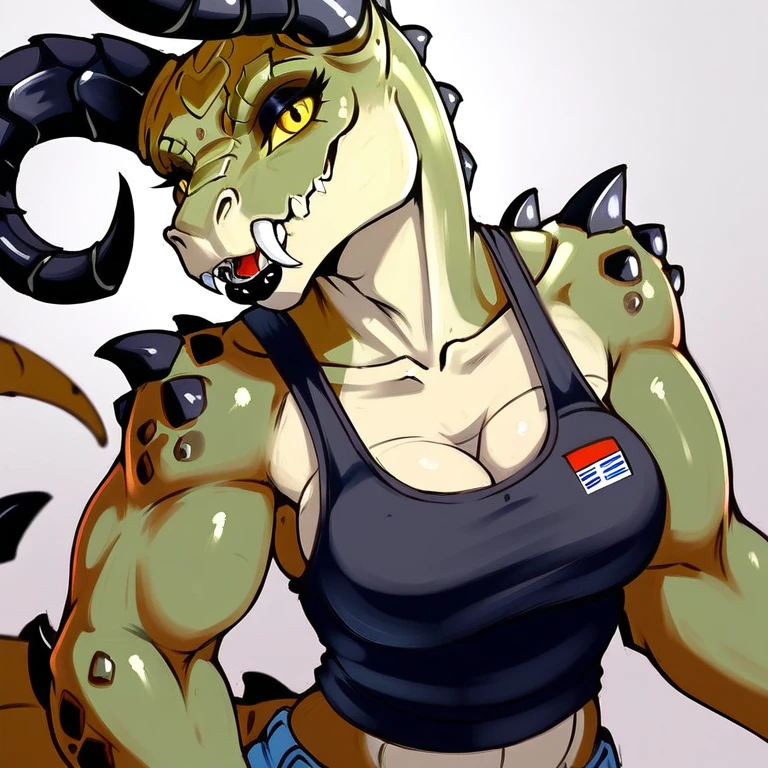 a highly detailed and incredibly realistic anthro deathclaw girl, 1girl, realistic scales, green scaled skin, yellow eyes, black lips, black ram horns, long tail, bulletproof vest, holding rusty gun, ruined city background, looking directly at viewer, photorealistic, 4k, best quality, masterpiece, ultra-detailed, physically-based rendering, vivid colors, HDR