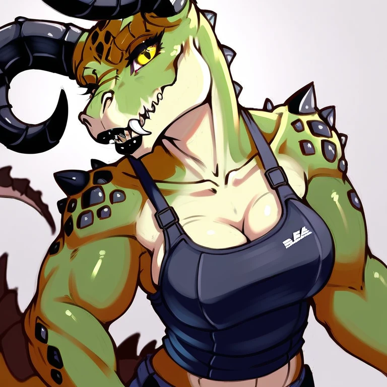 a highly detailed and incredibly realistic anthro deathclaw girl, 1girl, realistic scales, green scaled skin, yellow eyes, black lips, black ram horns, long tail, bulletproof vest, holding rusty gun, ruined city background, looking directly at viewer, photorealistic, 4k, best quality, masterpiece, ultra-detailed, physically-based rendering, vivid colors, HDR