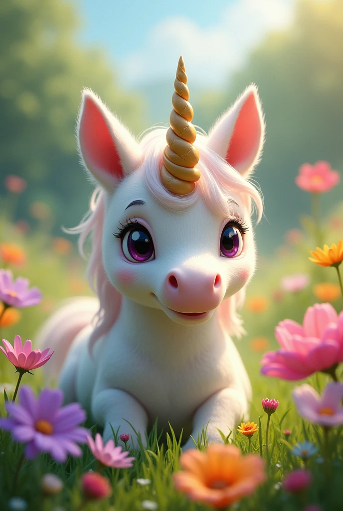 A cute and realistic spoiled unicorn with detailed background with colorful flowers on the side
